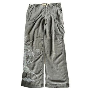 Da-nang Silk Dark Gray Cargo Low Rise Dragon Embroidered Y2K Pants Woman’s L